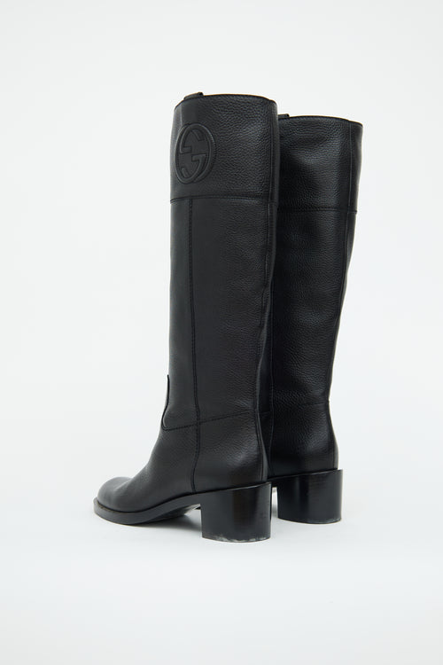 Gucci Black Tall Grain Leather GG Logo Boot