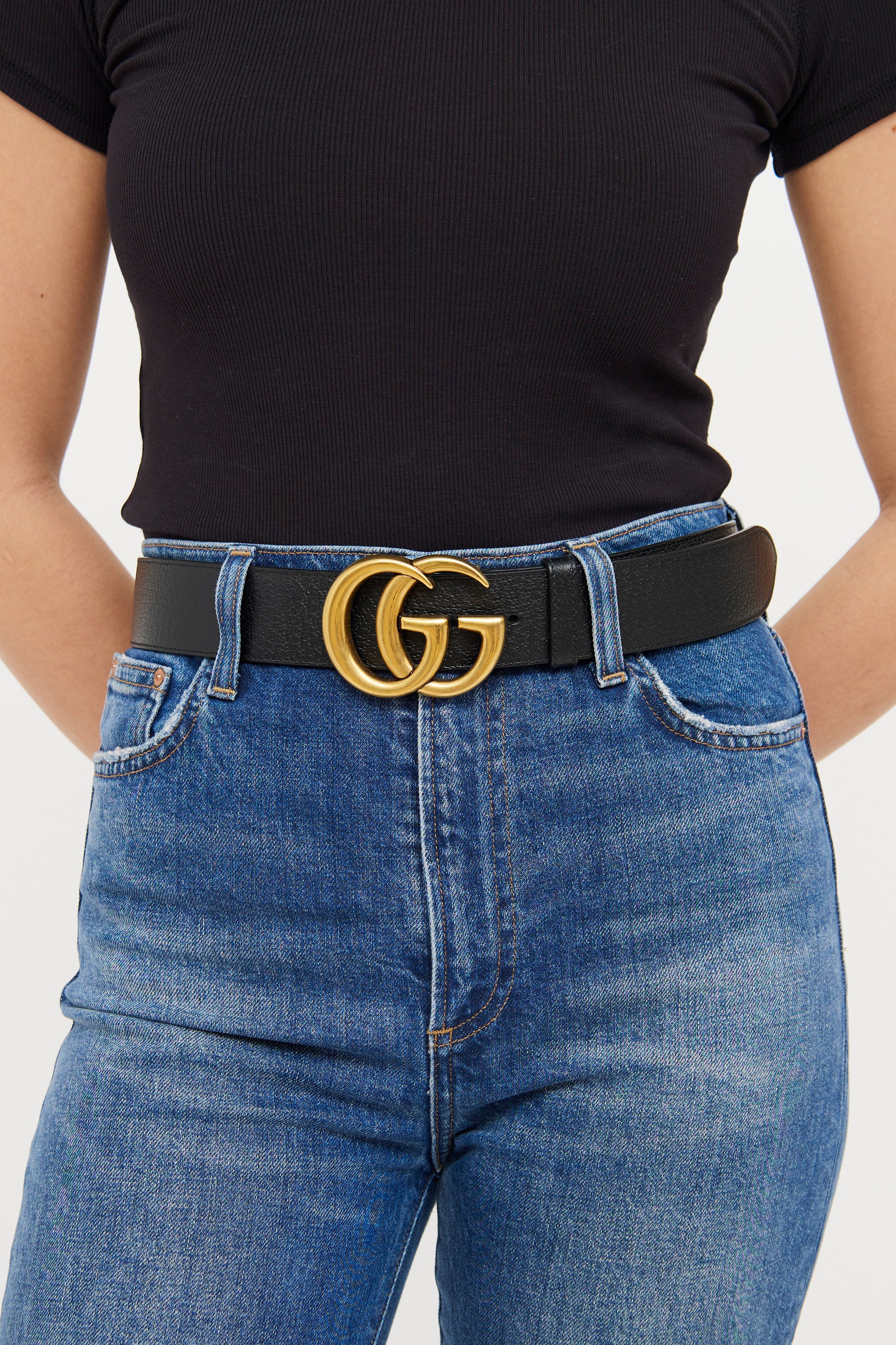 Gucci // Black Leather & Gold-Tone GG Belt – VSP Consignment