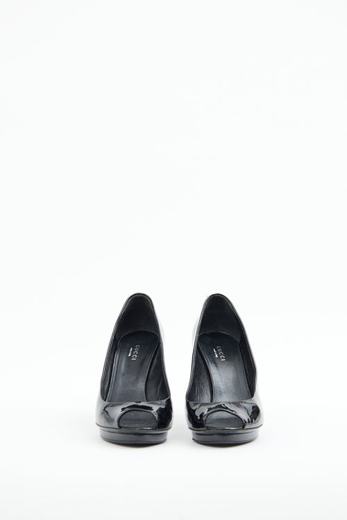 Gucci Black Patent Bamboo Peep Toe Pump