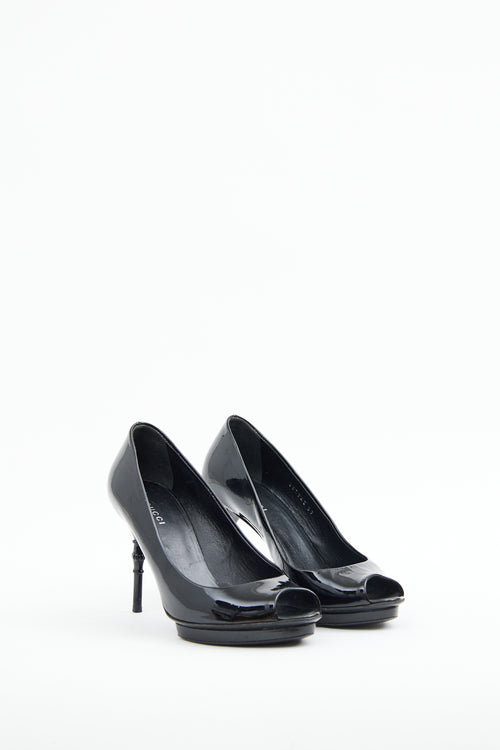 Gucci Black Patent Bamboo Peep Toe Pump