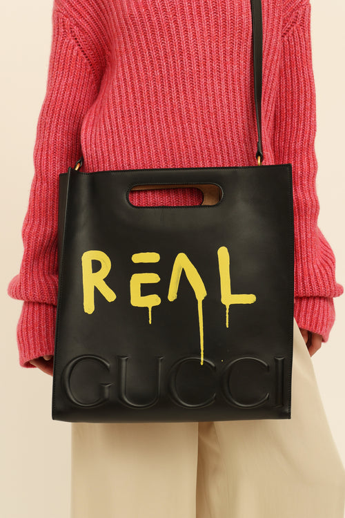 Gucci Black and Yellow Leather "Real" Graffiti Medium Tote Bag