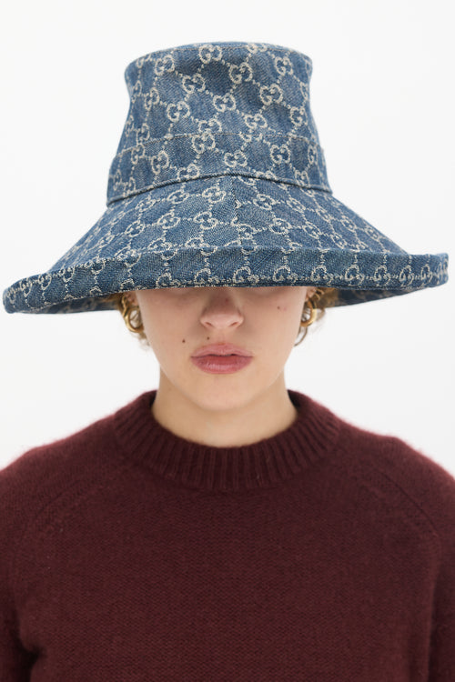 Gucci Navy & Beige Monogram Denim Bucket Hat