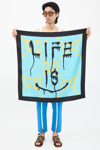 Gucci Teal & Multi Silk GG Ghost Life Scarf