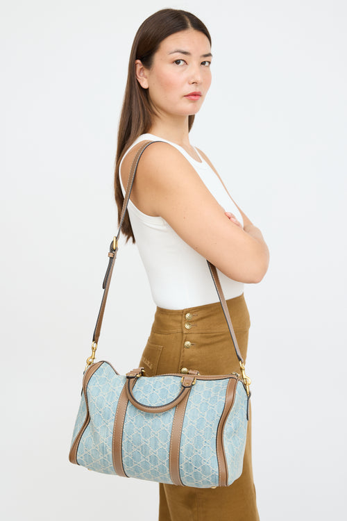 Gucci Blue & Brown Denim Boston Monogram Bag