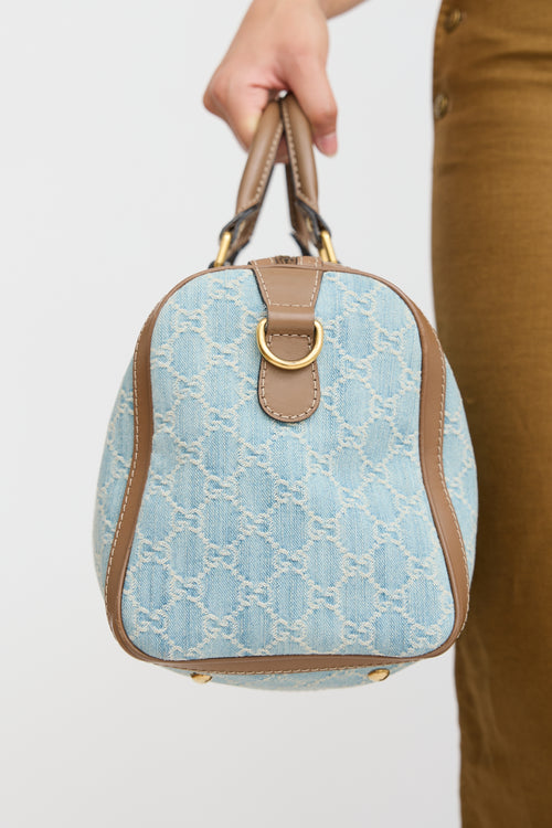 Gucci Blue & Brown Denim Boston Monogram Bag