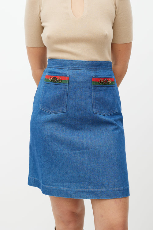 Gucci Blue & Multicolour Horsebit Denim Skirt