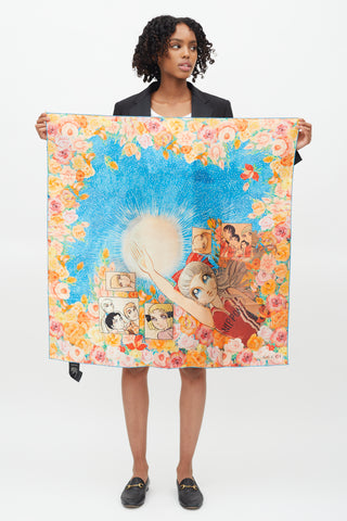 Gucci Blue & Multi Silk Viva! Volleyball Manga Scarf