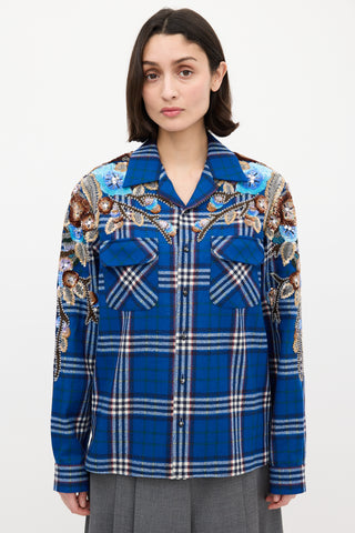Gucci Blue & Multi Wool Check Embellished Shirt