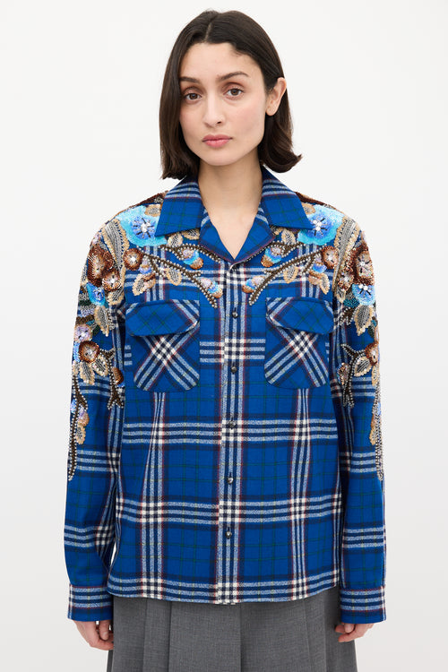 Gucci Blue & Multi Wool Check Embellished Shirt
