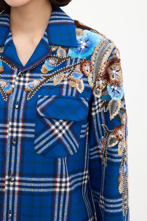 Gucci Blue & Multi Wool Check Embellished Shirt