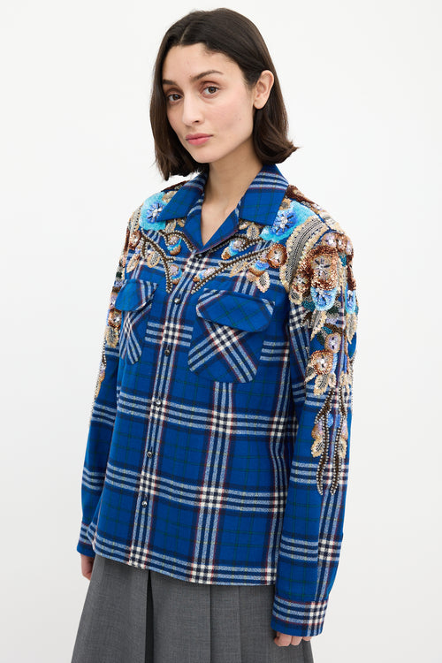 Gucci Blue & Multi Wool Check Embellished Shirt