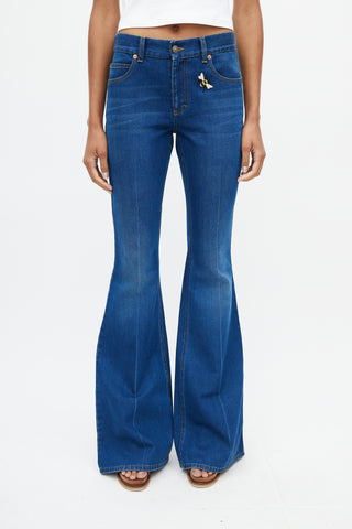 Gucci Blue Embroidered Flared Denim Jeans