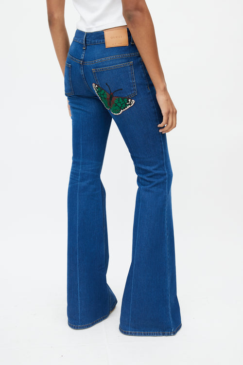Gucci Blue Embroidered Flared Denim Jeans