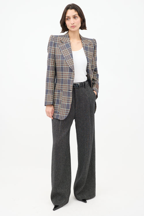 Gucci Blue & Multicolour Linen Plaid Strong Shoulder Blazer