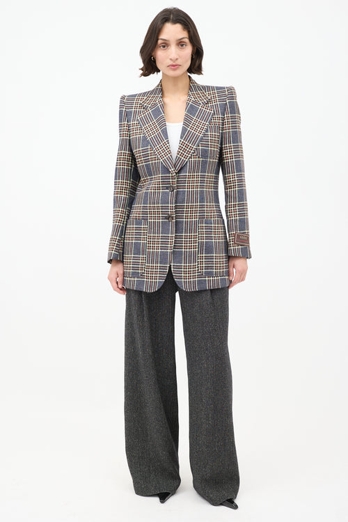 Gucci Blue & Multicolour Linen Plaid Strong Shoulder Blazer