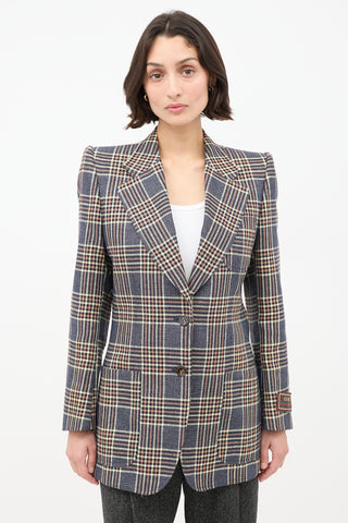 Gucci Blue & Multicolour Linen Plaid Strong Shoulder Blazer