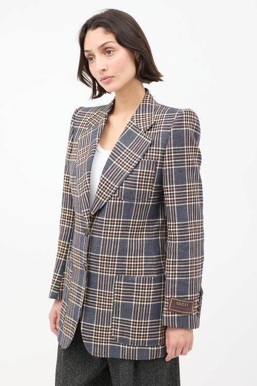 Gucci Blue & Multicolour Linen Plaid Strong Shoulder Blazer