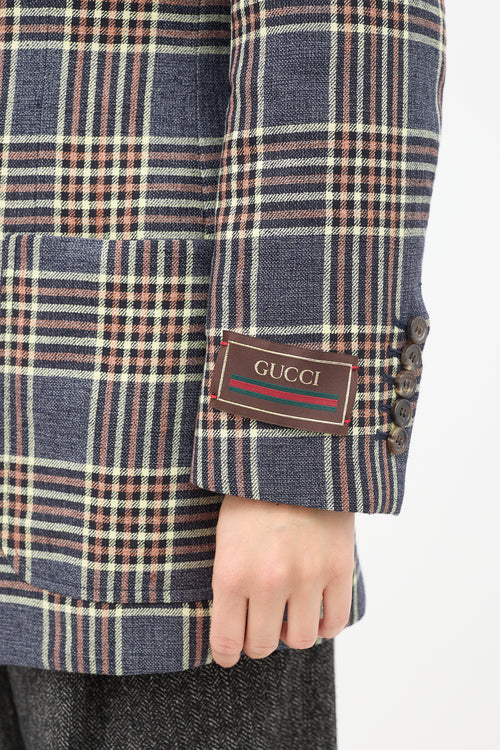 Gucci Blue & Multicolour Linen Plaid Strong Shoulder Blazer