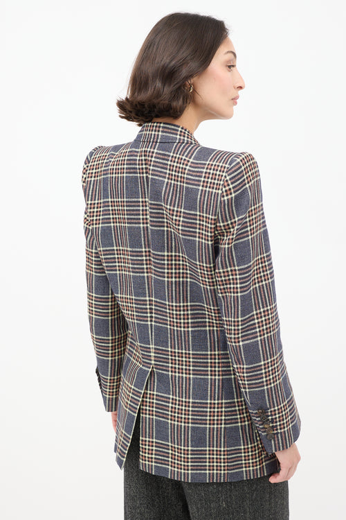 Gucci Blue & Multicolour Linen Plaid Strong Shoulder Blazer