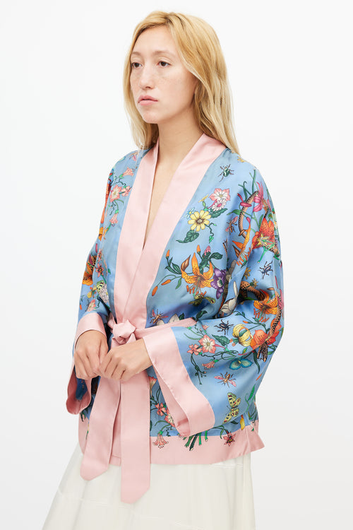 Gucci Blue & Pink Silk Floral Wrap Blouse