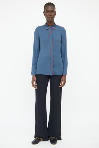 Gucci Blue Red Piping Long Sleeve Button Top