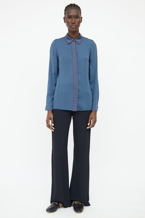 Gucci Blue Red Piping Long Sleeve Button Top