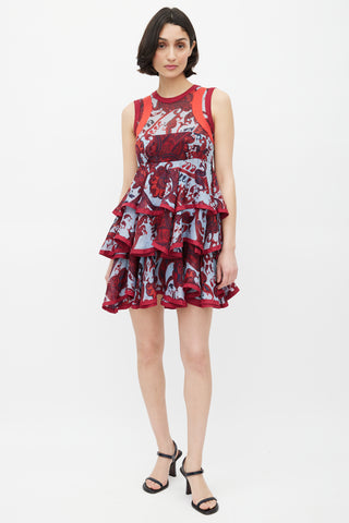 Gucci Blue & Red Silk Paisley Tiered Dress