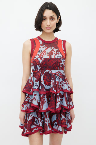Gucci Blue & Red Silk Paisley Tiered Dress