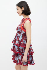 Gucci Blue & Red Silk Paisley Tiered Dress