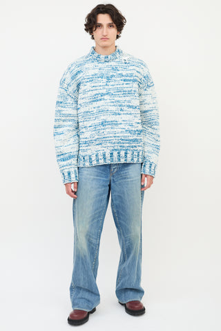 Gucci Blue & White Wool Knit Zip Shoulder Sweater