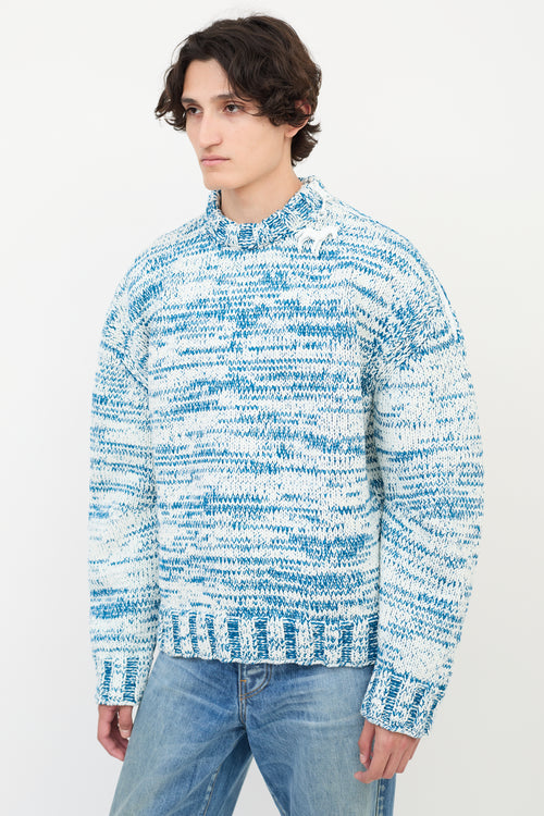 Gucci Blue & White Wool Knit Zip Shoulder Sweater