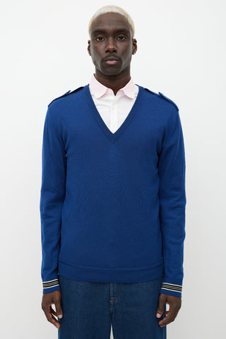 Gucci Blue Wool Knit Epaulette Sweater