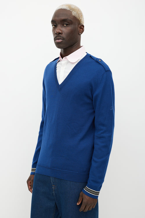 Gucci Blue Wool Knit Epaulette Sweater