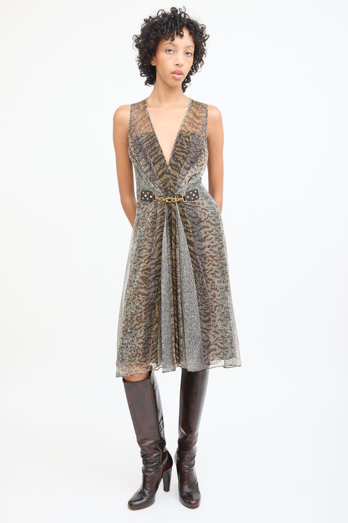 Gucci Brown & Cream Silk Chain Link Dress