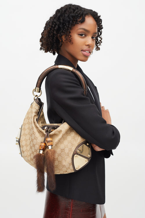 Gucci Brown GG Canvas & Fur Indy Shoulder Bag