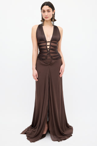 Gucci Brown Lace Up Split Gown