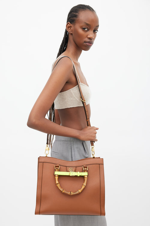 Gucci Brown & Neon Yellow Leather Diana Bamboo Medium Bag