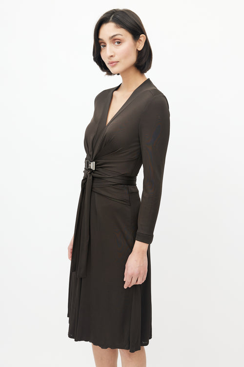 Gucci Brown Long Sleeve Gathered Tie Dress