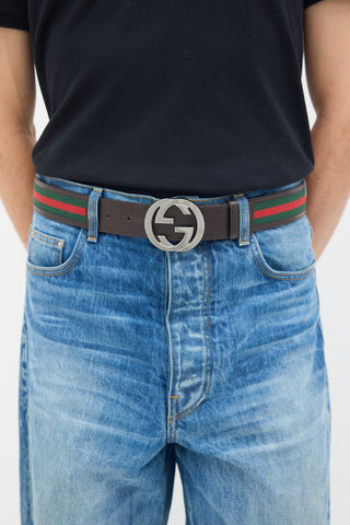 Gucci Brown & Multicolour Leather Web Stripe Interlocking GG Belt