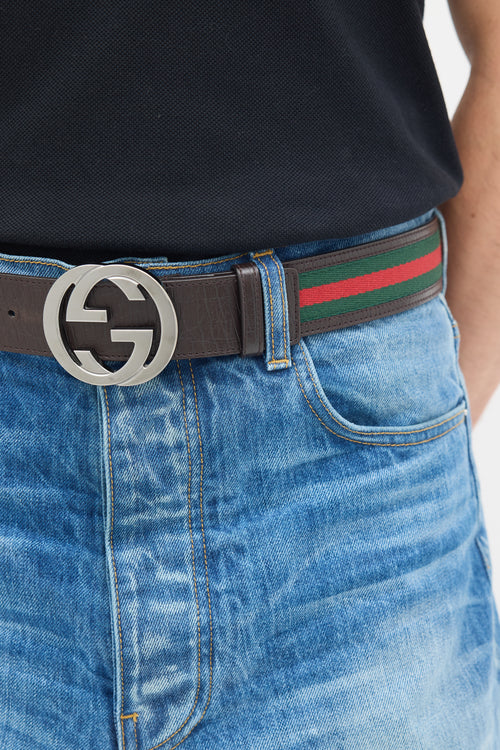 Gucci Brown & Multicolour Leather Web Stripe Interlocking GG Belt