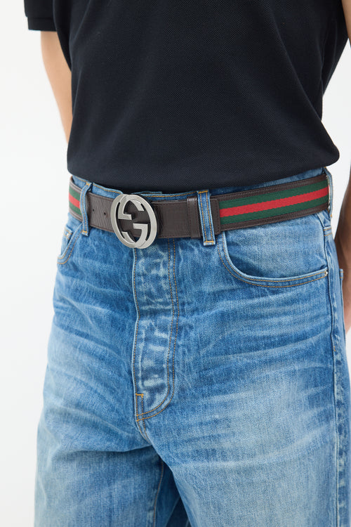 Gucci Brown & Multicolour Leather Web Stripe Interlocking GG Belt