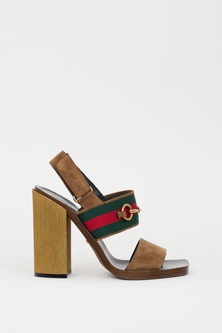 Gucci Brown & Multicolour Suede Hardware Web Slingback Heel