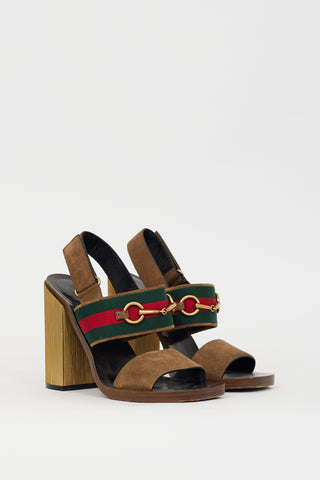 Gucci Brown & Multicolour Suede Hardware Web Slingback Heel