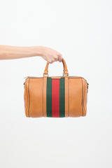 Gucci Brown Pebbled Leather Web Stripe Boston Bag