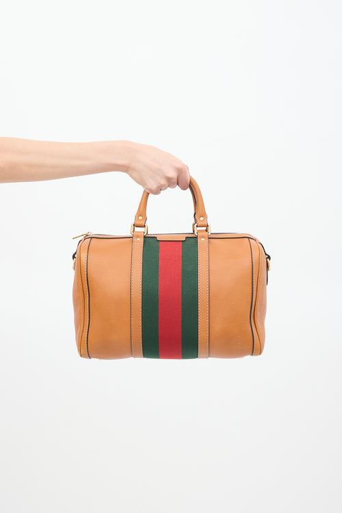 Gucci Brown Pebbled Leather Web Stripe Boston Bag