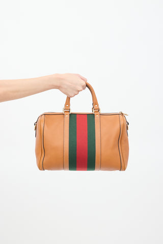 Gucci Brown Pebbled Leather Web Stripe Boston Bag