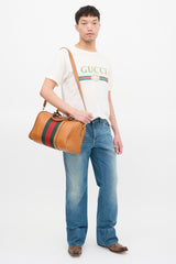 Gucci Brown Pebbled Leather Web Stripe Boston Bag