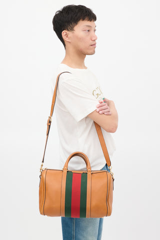 Gucci Brown Pebbled Leather Web Stripe Boston Bag