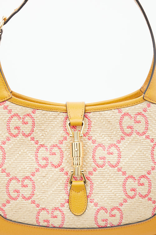 Gucci Brown & Pink GG Monogram Raffia Jackie 1961 Small Bag