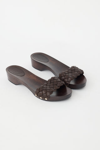 Gucci Brown Braided Leather & Wooden Sandal